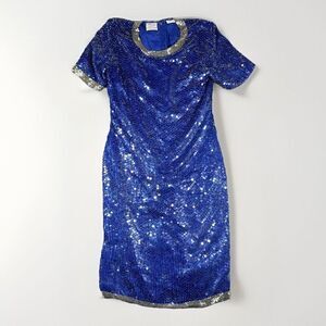 Stenay Blue Silk Sequin Dress Sz8 Midi Silver Beaded Flapper 70s Upper Class